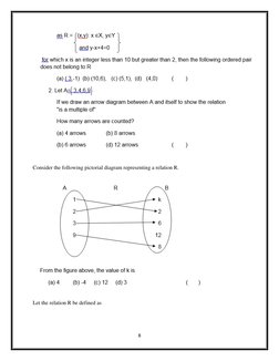 8 
 
 
Consider the following pictorial diagram representing a relation R. 
 
Let the relation R be defined as 
