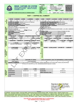 CUSTOMS HOUSE 60,RAJAJISALAI,CHENNAI-600001
Port Code
SB No
SB Date
INMAA1
5230102
08-NOV-23
AALCP4598G
IEC/Br
GSTIN/TYPE
CB
