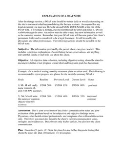 EXPLANATION OF A SOAP NOTE 
 
After the therapy session, a SOAP note should be written daily or weekly (depending on 
the sit