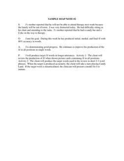 SAMPLE SOAP NOTE #2 
 
S: 
J’s mother reported that he will not be able to attend therapy next week because 
the family wil
