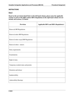 Canadian Immigration Applications and Processes (IMA105) 
Procedural Assignment 
 
© 2021 
 
 
INSTRUCTIONS 
Part I 
 
Based