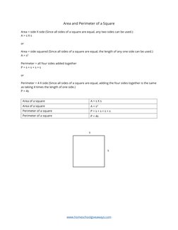 www.homeschoolgiveaways.com 
Area and Perimeter of a Square 
 
Area = side X side (Since all sides of a square are equal, any