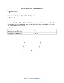 www.homeschoolgiveaways.com 
Area and Perimeter of a Parallelogram 
 
Area = base X height 
A = bh 
 
Perimeter = the lengths