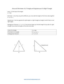 www.homeschoolgiveaways.com 
Area and Perimeter of a Triangle and Hypotenuse of a Right Triangle 
 
Area = 1/2 the base X the