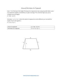 www.homeschoolgiveaways.com 
Area and Perimeter of a Trapezoid 
 
Area = 1/2 of the base X the height (The bases of a trapezo