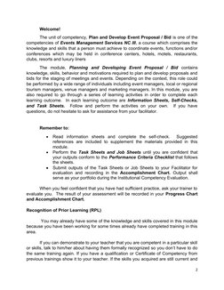 Welcome!
The unit of competency, Plan and Develop Event Proposal / Bid is one of the
competencies of Events Management Servic