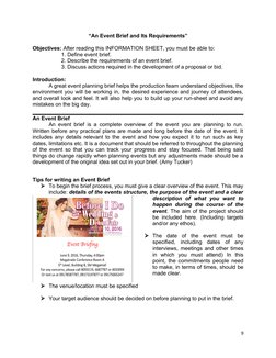 “An Event Brief and Its Requirements”
Objectives: After reading this INFORMATION SHEET, you must be able to:
1. Define event