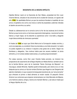 BIOGRAFIA DE LA NEGRA HIPÓLITA 
 
Hipólita Bolívar nació en la Hacienda de San Mateo, propiedad de Don Juan 
Vicente Bolívar,
