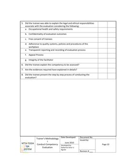 NTTA-TESDA 
QA 
SYSTEM 
Trainer’s Methodology 
I 
Conduct Competency 
Evaluation 
 
Date Developed: 
 
June 2010 
Documen