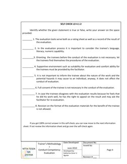 NTTA-TESDA 
QA 
SYSTEM 
Trainer’s Methodology 
I 
Conduct Competency 
Evaluation 
 
Date Developed: 
 
June 2010 
Documen