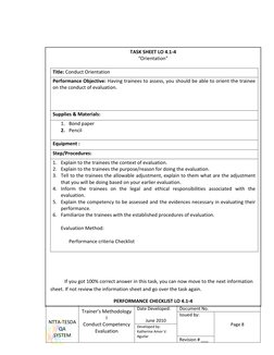 NTTA-TESDA 
QA 
SYSTEM 
Trainer’s Methodology 
I 
Conduct Competency 
Evaluation 
 
Date Developed: 
 
June 2010 
Documen