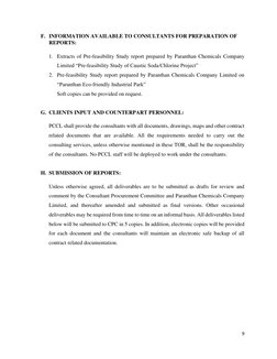 9 
 
F. INFORMATION AVAILABLE TO CONSULTANTS FOR PREPARATION OF 
REPORTS:  
 
1. Extracts of Pre-feasibility Study report pre