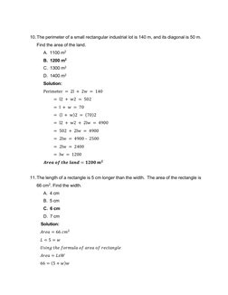 10. The perimeter of a small rectangular industrial lot is 140 m, and its diagonal is 50 m. 
Find the area of the land. 
A.