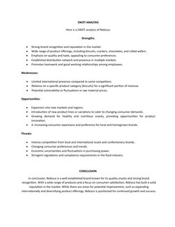 SWOT ANALYSIS
Here is a SWOT analysis of Rebisco:
 
Strengths:
 

Strong brand recognition and reputation in the market.

W