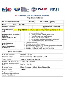 ABC+: Advancing Basic Education in the Philippines
Project Initiative Profile
For Individual Submission
Region:
VIII
Division