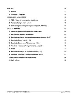 ESPECIALIZAÇAO EM NEUROPSICOLOGIA
Apostila INFANTIL
3
MEMÓRIA
50
1. RAVLT
51
2. 7 Figuras 7 Palavras
55
HABI