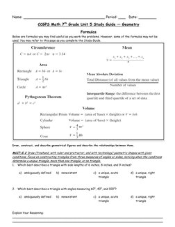 Name:  
 
 
 
 
 
 
 
 Period:  
   Date:  
 
 
 
CCGPS Math 7th Grade Unit 5 Study Guide — Geometry 
 
Formulas 
Below are