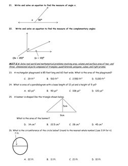 21.   Write and solve an equation to find the measure of angle x. 
 
 
 
 
 
 
 
x      50º 
 
 
22.    Write and solve an eq