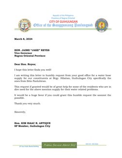 March 8, 2024
HON. JAIME “JAKE” REYES
Vice Governor
Negros Oriental Province
Dear Hon. Reyes;
I hope this letter finds you we