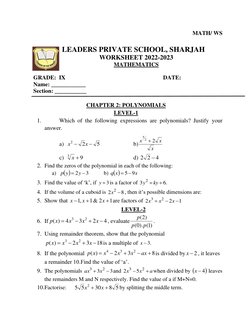Class 9 Polynomials Worksheet 2022-23 | PDF | Polynomial | Factorization