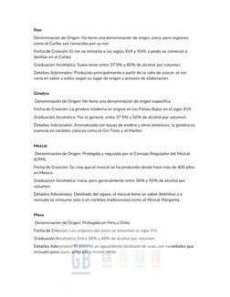 Ron  
Denominación de Origen: No tiene una denominación de origen única, pero regiones 
como el Caribe son conocidas por su r