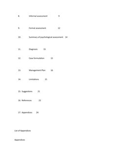 8.
Informal assessment 
 9
9.
Formal assessment 
12
10.
Summary of psychological assessment 14
11.
Diagnosis 
15
12.
Case for