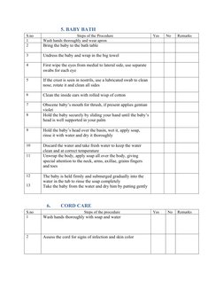 5. BABY BATH
S.no
                                  Steps of the Procedure
Yes
No
Remarks
1
Wash h