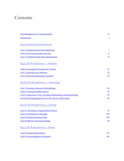 Contents 
Acknowledgements: eCampusOntario 
vii 
Introduction 
1 
Part I. Professional Communications 
Unit 1: Communicating