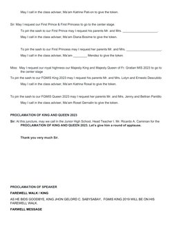 May I call in the class adviser, Ma’am Katrine Pati-on to give the token.  
Sir: May I request our First Prince & First Princ