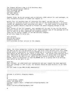 The longest delivery time is 8-12 business days.
Mailing/transportation 2500.01
Fuel surcharge 220.00
Insurance 1000.98
VAT (