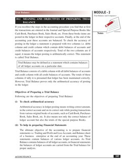MODULE - 2
Trial Balance and Computers
Notes
 185
Trial Balance
ACCOUNTANCY
10.1
MEANING AND OBJECTIVES OF PREPARING TRIAL
BA