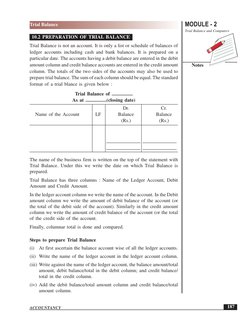 MODULE - 2
Trial Balance and Computers
Notes
 187
Trial Balance
ACCOUNTANCY
10.2 PREPARATION OF TRIAL BALANCE
Trial Balance i