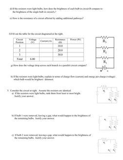 d) If the resistors were light bulbs, how does the brightness of each bulb in circuit B compare to 
the brightness of the sin