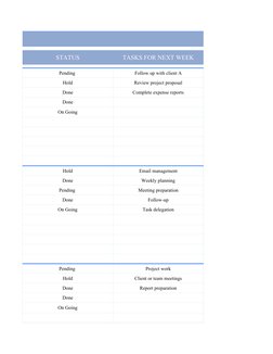 STATUS
TASKS FOR NEXT WEEK
Pending 
Follow up with client A
Hold
Review project proposal
Done
Complete expense reports
Done
O