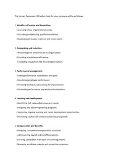 The Human Resources (HR) value chain for your company will be as follows:
1. Workforce Planning and Acquisition:
   - Assessi
