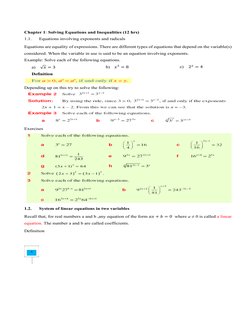4 
Chapter 1: Solving Equations and Inequalities (12 hrs)  
1.1. 
Equations involving exponents and radicals  
Equations ar
