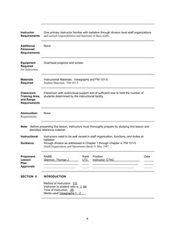 Instructor 
One primary instructor familiar with battalion through division level staff organizations
Requirements
and tactic
