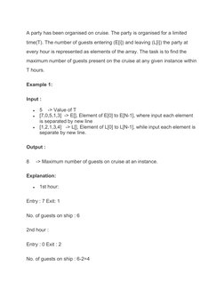 A party has been organised on cruise. The party is organised for a limited 
time(T). The number of guests entering (E[i]) and