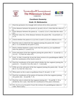 Coordinate Geometry 
Grade 10: Mathematics 
1 
Find the perimeter of a triangle with vertices (0,4), (0,0), and (3,0). 
 
1