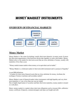 MONEY MARKET INSTRUMENTS 
 
OVERVIEW OF FINANCIAL MARKETS 
 
 
Money Market 
Money Market is “the centre for dealings, ma