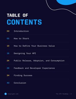 TABLE OF  
CONTENTS
03	   Introduction
05	   How to Start
10	   How to Define Your Business Value
16	   Designing Your API
24