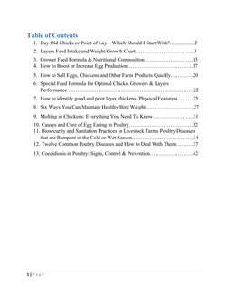 Table of Contents
1. Day Old Chicks or Point of Lay – Which Should I Start With?...................2
2. Layers Feed Intake an