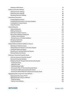 Selecting a BAQ Search
76
Setting Up Execution Settings
81
Adding Execution Settings
81
Editing Execution Settings
84
Reviewi