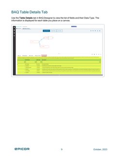 BAQ Table Details Tab
Use the Table Details tab in BAQ Designer to view the list of fields and their Data Type. The
informati