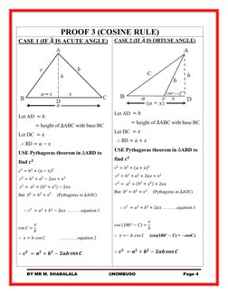 BY MR M. SHABALALA
@NOMBUSO
Page 4
PROOF 3 (COSINE RULE)
CASE 1 (IF ࡭෡IS ACUTE ANGLE)
Let AD ൌ݄
ൌheight of οABC with base BC