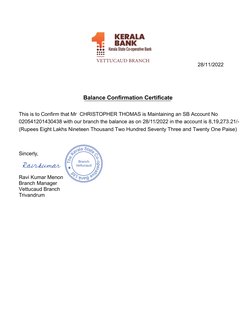 Balance Confirmation Certificate
This is to Confirm that Mr  CHRISTOPHER THOMAS is Maintaining an SB Account No 
020541201430