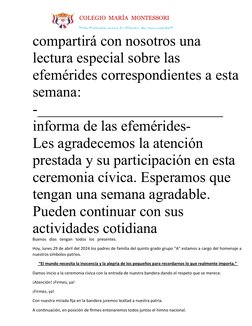 COLEGIO MARÍA MONTESSORI
“Un Colegio para la Gloria de Jesucristo”
compartirá con nosotros una 
lectura especial sobre las 
e