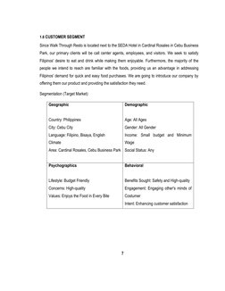 1.6 CUSTOMER SEGMENT
Since Walk Through Resto is located next to the SEDA Hotel in Cardinal Rosales in Cebu Business
Pa