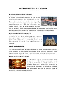 PATRIMONIO CULTURAL DE EL SALVADOR
El palacio nacional de el Salvador:
El palacio nacional de el Salvador es uno de los
monum