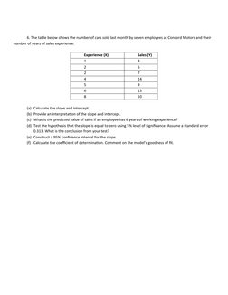 6. The table below shows the number of cars sold last month by seven employees at Concord Motors and their 
number of years o